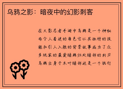 乌鸦之影：暗夜中的幻影刺客